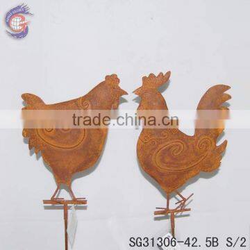 garden decoration metal chickens on stake