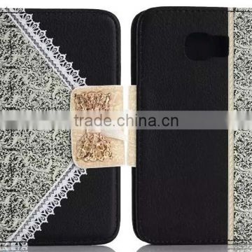 unique lace printing style ,PC+PU wallet leather case for samsung galaxy s6