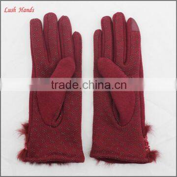 Ladies Cheap Spring Driving Red Micro Velvet Hand Gloves With Rabbit Fur photo-3