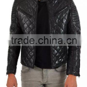 MENS BLACK COLOR BIKER GENUINE LEATHER QUILTED JACKET