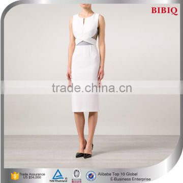 OEM Service Women Back Zipper White Sleeveless Midi Office Dresses