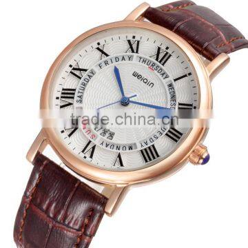 2016 latest WEIQIN W40002 unisex 40mm diameter leather strap day date featured roman numerals watch