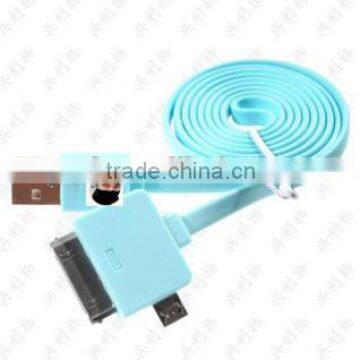 3 in 1 flat usb data cable for iphone4/5, for micro usb phone , colorful usb flat cable with TPE jacket