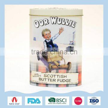 Oval old-timey picture tin box for kids' butter fudge storage