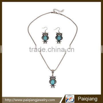 Retro style antique silver owl turquoise necklace and earrings jewelry sets