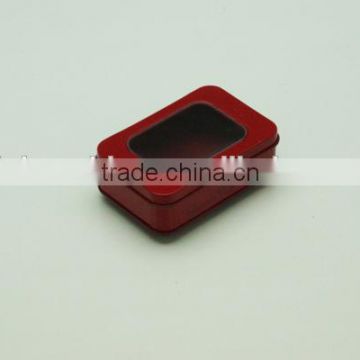 red visible tin box/metal box with window for condom packaging