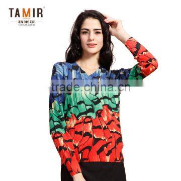 Muti Color Print V Neck Cashmere Sweater, Ladies Fashion Delicate Print Cashmere Sweater