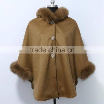 wholesale genuine cashmere cape with fox fur hood trim CC09