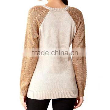 Elegant Contrast Color Crew Neck Raglan Sleeve Sweaters Ladies Knit Pullover photo-3