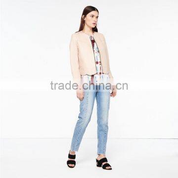2017 Newest Simple Style Round Neck Wavy Hem Short Leather Jacket Women photo-2