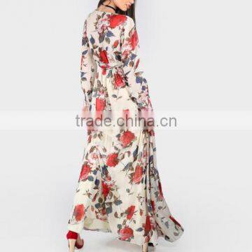 One-piece Dress Deep V Printed Floral Beige Chiffon Dress photo-3