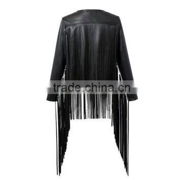 Women's Pure Leather Lined no Buttons Jacket With Tassels photo-2