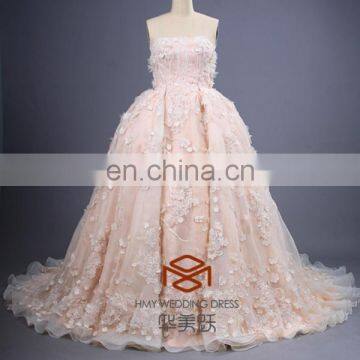 Hot SHMY-W0054 Guipure lace Appliqued Handmade Flowers Strapless Pink Puffy Princess Ball Gown Wedding Dress