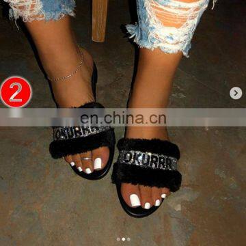 New 2021 Summer Winter Women Slippers Fashion Metal Bling Slides Fur Fringe Flat Slides Ladies Shoes photo-2