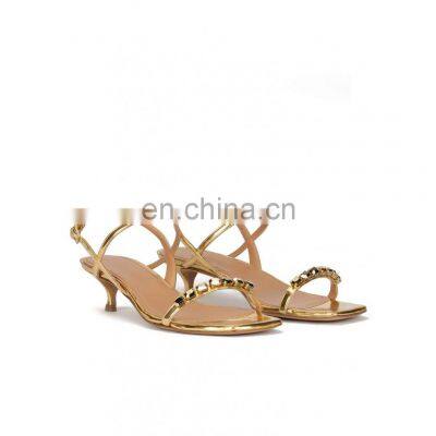 2021 Low heels women ankle strap sandal with stylish stones touch design open toe golden color ladies shoes