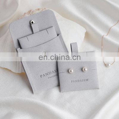 PandaSew Custom Logo Gray Microfiber Snap Button Jewelry Packaging Gift Bag with Insert Pad Jewelry Pouch