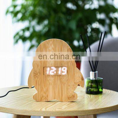 Customized Unique Design Penguin Shape Animal Bamboo Electronic Digital LED Alarm Clock