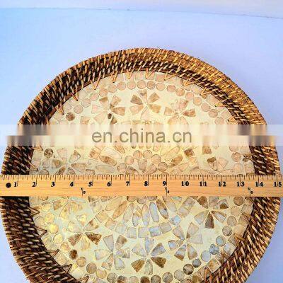 Small Rattan Mother of Pearl Tray, Round Wicker Tray For Table Handwoven Basket for Breakfast Wholesale photo-4