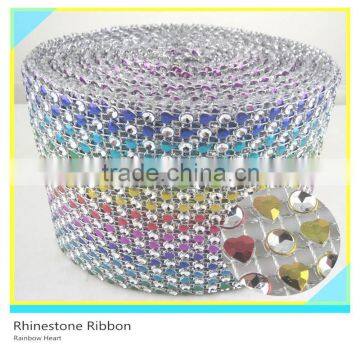 24 Rows 10 Yards Rainbow Heart Crystal Rhinestone Mesh Net Flatback