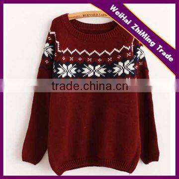 Girls Stylist Crew Neck Red Intarsia Snowflake Christmas Sweater