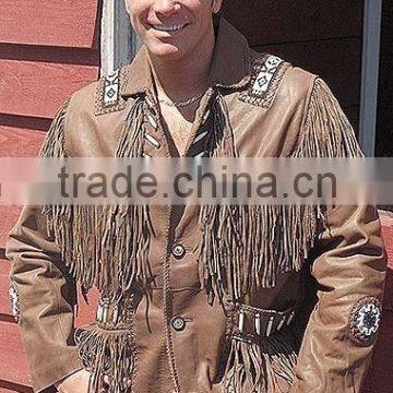 2015 New fashion Western Brown Leather Jacket with Fringe and Bone Beading for mens motorbike leather jacket