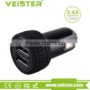 black and promotional tire shape dual port usb car charger