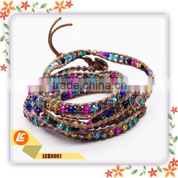 Latest Fashion Long Top Design Womens Leather Wraps Colorful Beads Bracelet