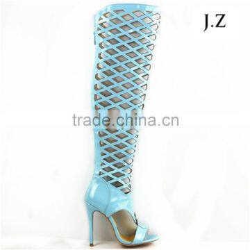 OS22 Women over knee high heels boots back zipper up blue knee high boots hollow out high heel boots for women