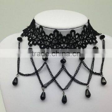 Women Gothic Black Beads Drop Lace Choker Collar Retro Chain Tassel Necklace