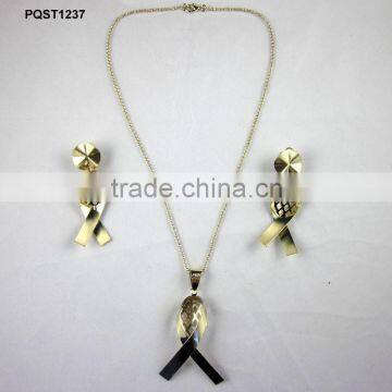 Latest design fashion gold plated metal ribbon pendant necklace and earring set