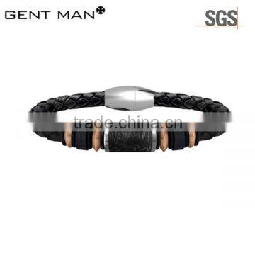 Braided Real Leather Rose Gold Men Magnetic Clasp Bracelet