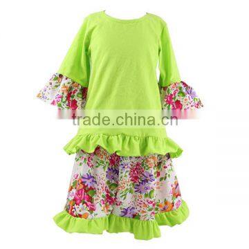 Wholesale print ruffle outfits baby girls clothing set boutique cotton sets long seelve T-shirt & print ruffle skirt