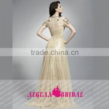 HT74 NEW Fashion Elegant High Neck Short Sleeve Prom Dresses Beaded Crystal A-line Floor Length Vestido Longo Azul photo-2