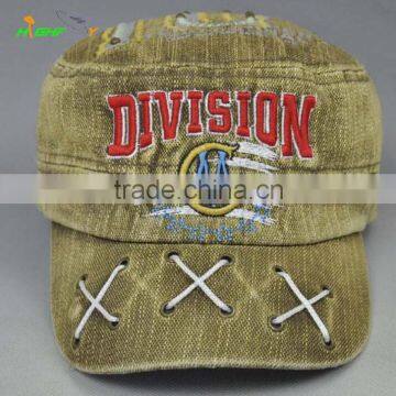 100% Cotton Fashion Flat Top Army Hat Distress Washed Fitted Military Cap photo-2