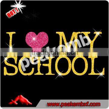 Hot Saling Hotfix Glitter I Love My School Rhinestone Motif Iron on Transfer Custom T Shirt