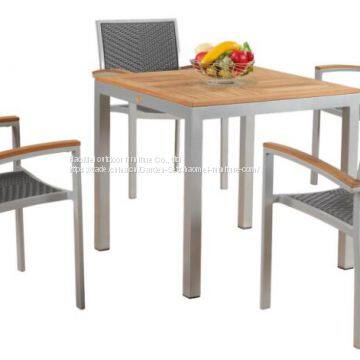 Graden Outdoor Dining Table And Chair Aluminum Frame Tempered Glass Teak Wood Table Top Teak Wood Arm Rest