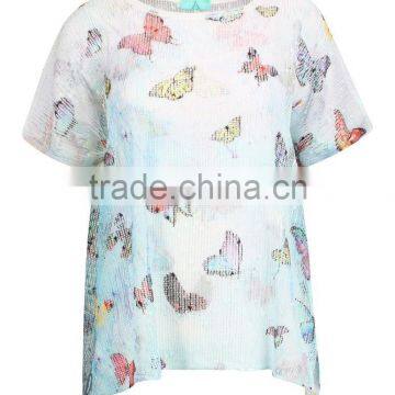 Bule butterfly print woman top,2016 new design top,lady blouse