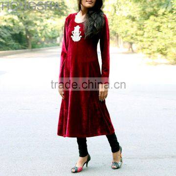 Latest Winter Kurti Designs Deep Red Black Long Velvet Kurti HSD1500