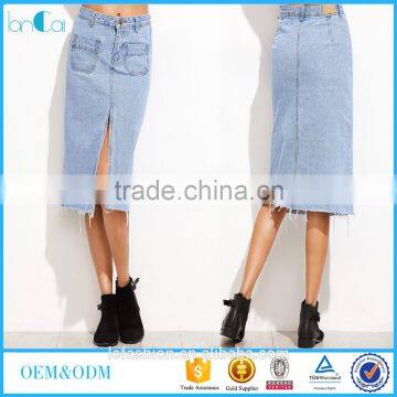 Blue slit front hem long fitting casual clothing pattern denim skirt