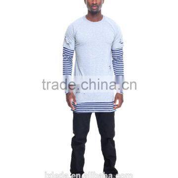 Crew Neck Tees Sleeve Color Block Stripe Layer Men's Longline t Shirt photo-2