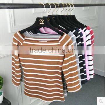 The New Dress Brought a Word Dew Shoulder Cultivate One's Morality Female Striped Shirt photo-4