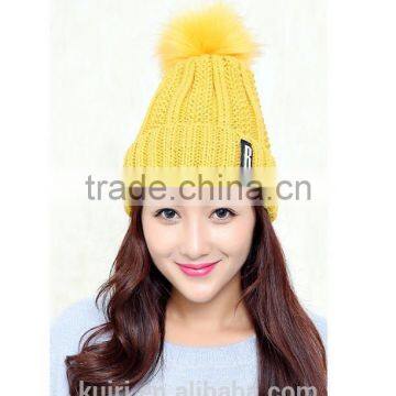 Logo Design Accept Woman Winter Warm Plush Thicken Winter Beanie Knit Hat With Fur Poms photo-2
