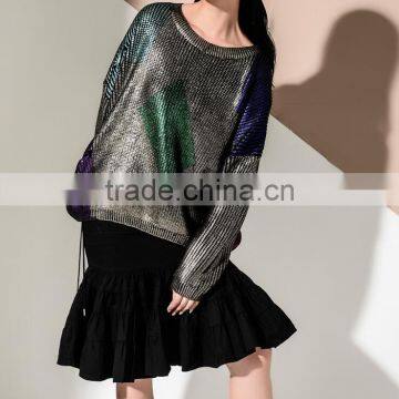 M1134 Runwaylover 2016 Latest Design Fashion Ladies Geometric Pattern Golden Gilding Loose Knitted Loose Sweater photo-3