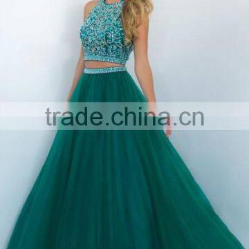 2016 A Line Two Piece Prom Dresses Crystals Tulle Skirt photo-5