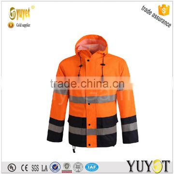 Fluorescent Orange Hooded Raincoat Workwear With Reflective Strips