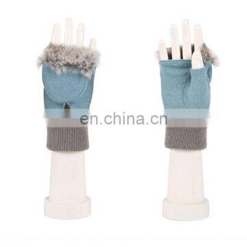 Women half finger gloves with rabbit fur winter lady wool fingerless gloves