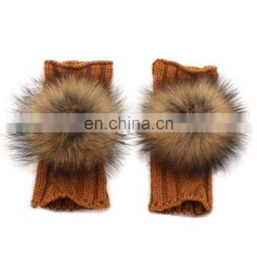 Winter Fashion Girls Knitted Gloves with a Raccoon Fur Ball