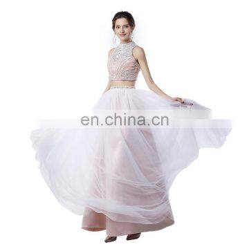 Sweet Pink Custom Made Popular Midriff-baring Jewel Tulle Beading Floor Length Zipper Backless Women Prom Dress