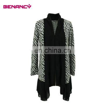 Black and White Knitted Sweater Cardigan Net Lace Hem Long Sleeve Women Cardigan