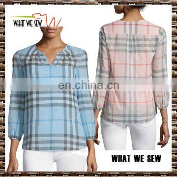 fashion printed grid women t-shirt thin long sleeve t shirts